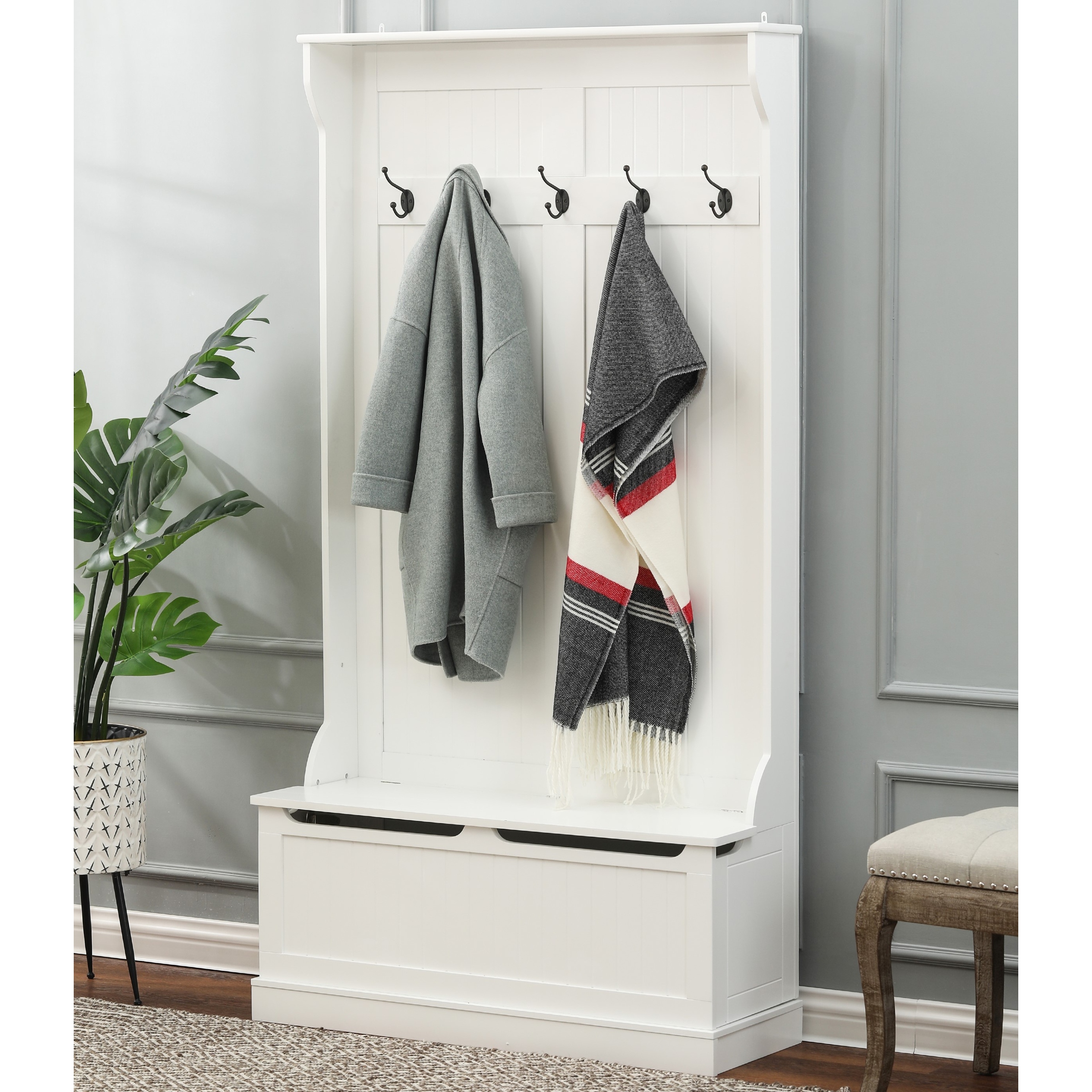 White MDF Wood Hall Tree with Storage Bench - 70.87" H x 37.8" W x 13.39" D