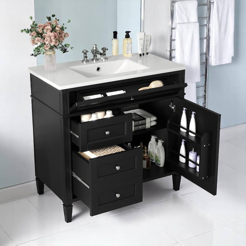 36 Inch Bathroom Vanity with Sink Top, Freestanding Storage Cabinet with 3 Drawers and Single Door, Modern Style