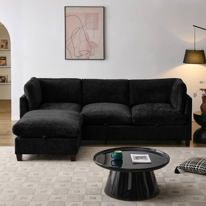 96.5" L-Shaped Chenille Sectional Sofa with Storage and Movable Ottoman