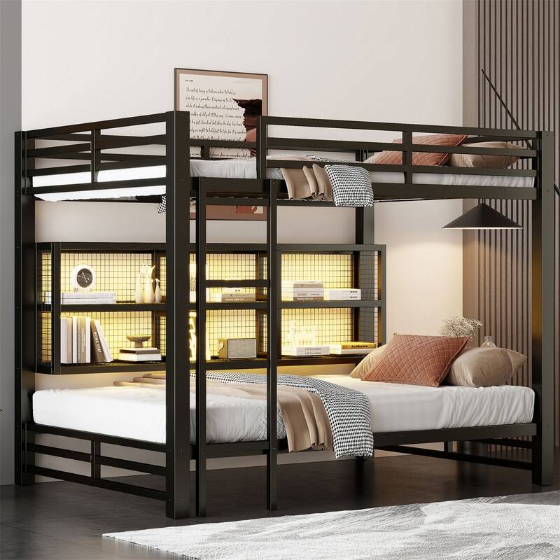 Queen Over Queen Size Bunk Bed with LED Light and Storage Cabinets, Metal Bunk Bed with Storage Shelves, Ladder and Guardrail - Black