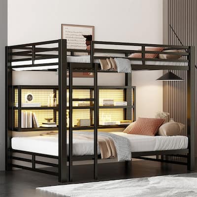 Queen Over Queen Size Bunk Bed with LED Light and Storage Cabinets, Metal Bunk Bed with Storage Shelves, Ladder and Guardrail