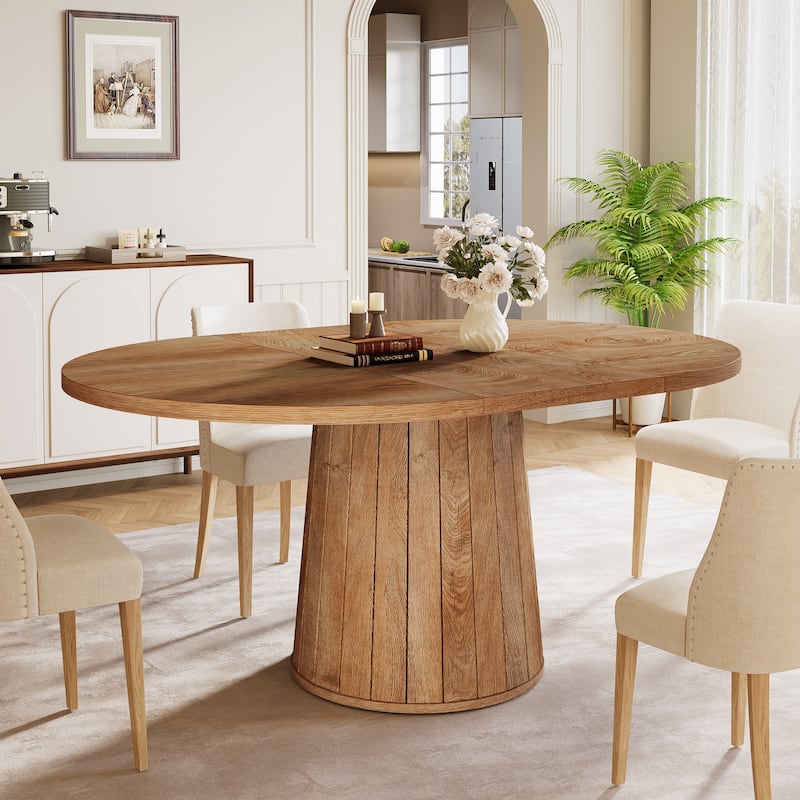 Brown Finish Manufactured Wood 6-Person Dining Table with Polygonal Cylinder Wooden Base - 55.11"L x 39.37"W x 29.92"H - Light Brown