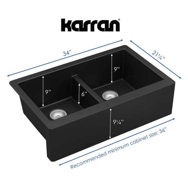 Karran All in One Apron Front/Farmhouse Quartz 34-in Double Bowl 50/50 Sink in Black with Faucet KKF210 in Stainless Steel