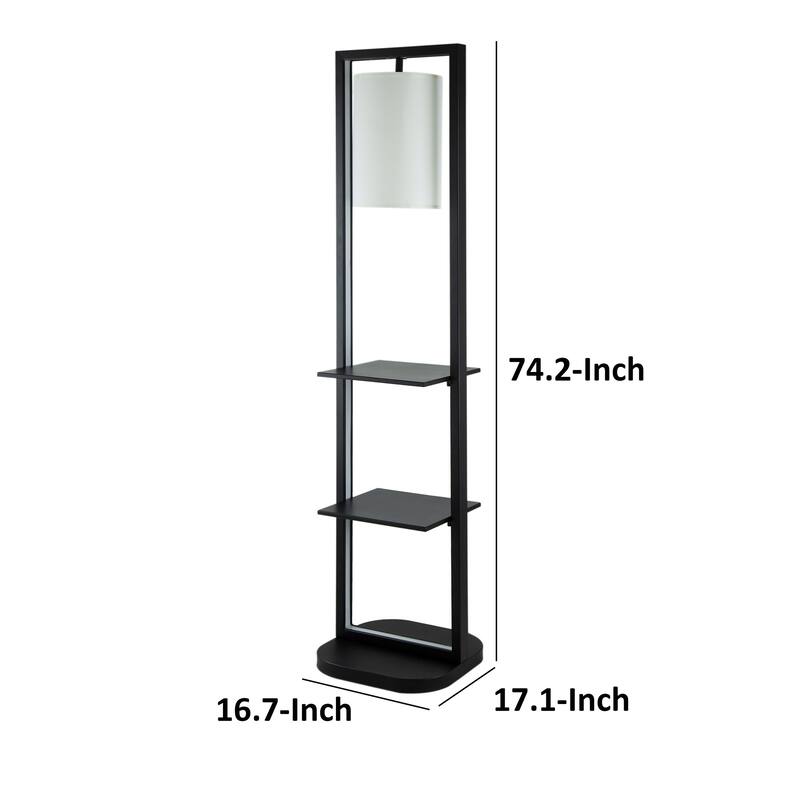74 Inch Floor Lamp with 2 Shelves, Round Lampshade, Black Iron, White