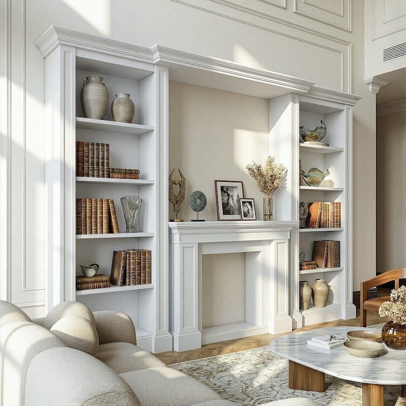 Electric Fireplace Mantel with Bookshelves, 115.5" Entertainment Center with Built-in Shelving