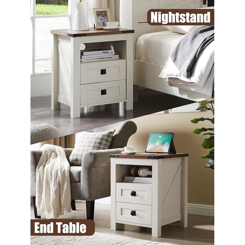 Farmhouse Nightstand with Charging Station, End Table, Side Table
