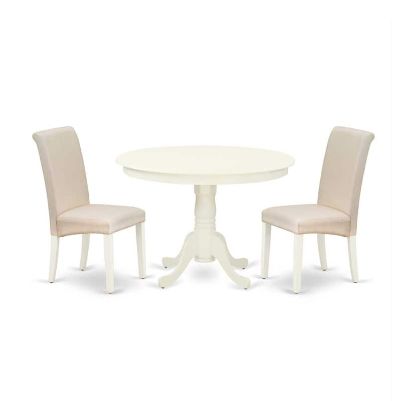 3Pc Dinette Set - Round Kitchen Table & 2 Parsons Chairs - Linen White Finish