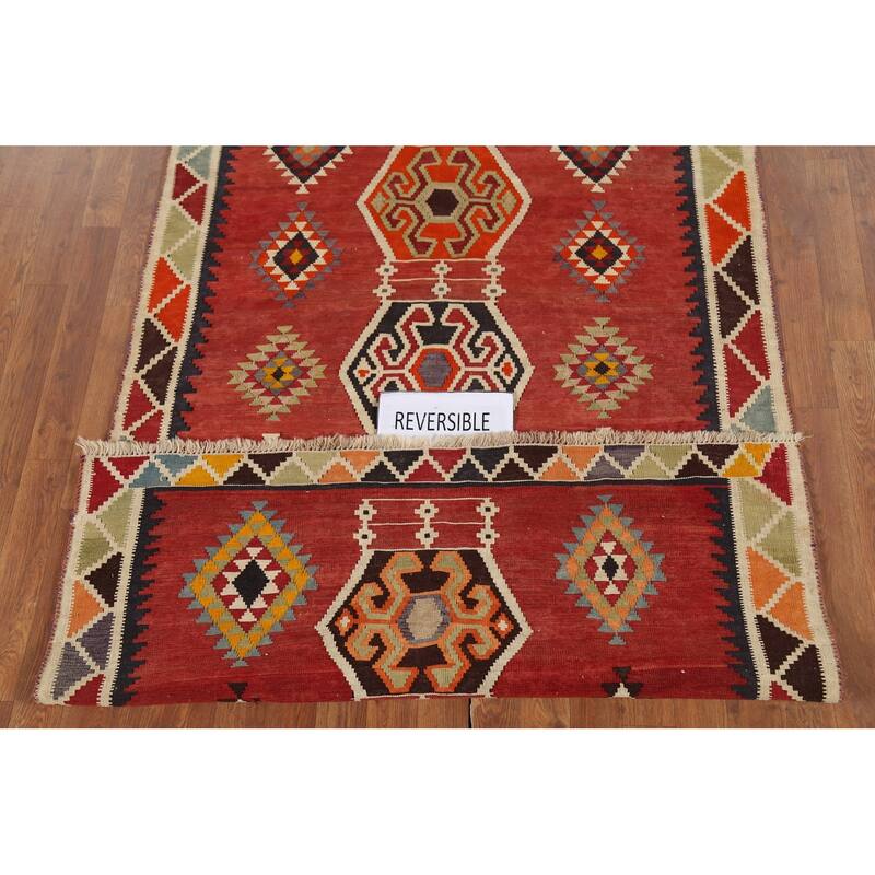 Kilim Qashqai Persian Vintage Rug Hand-Knotted Red Wool Carpet - 4'2"x 7'11"