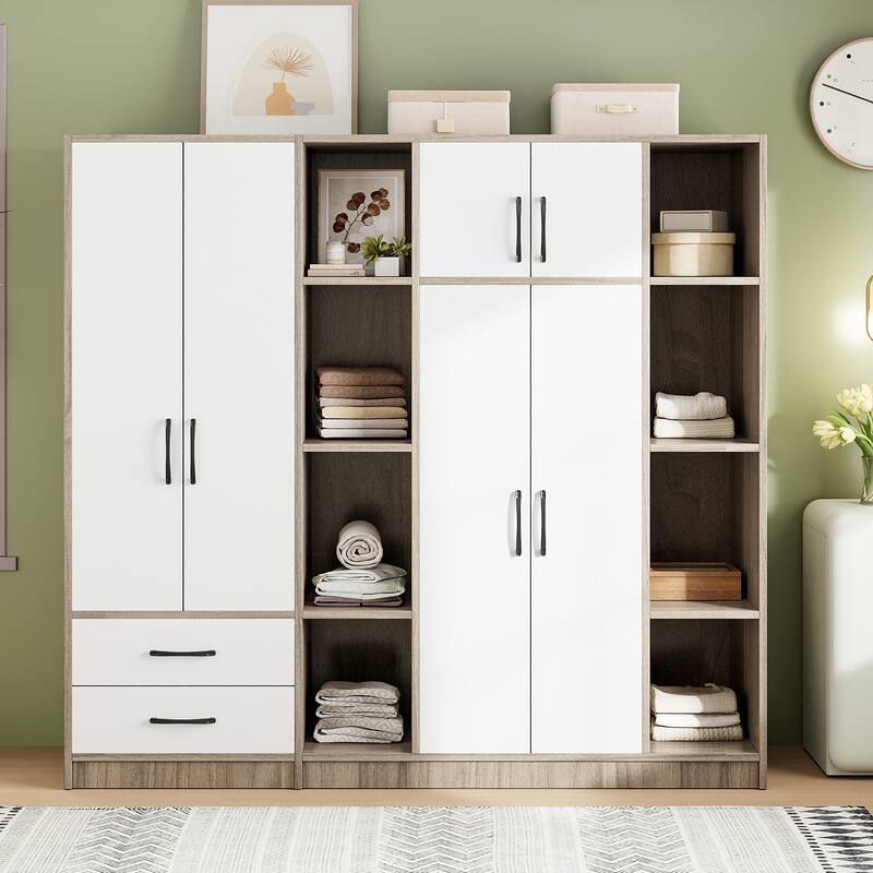 Storage Wardrobe Armoire Bedroom Storage Cabinet with Open Storage Space 67.10 Inch Wooden Wardrobe Closet with Drawers - White