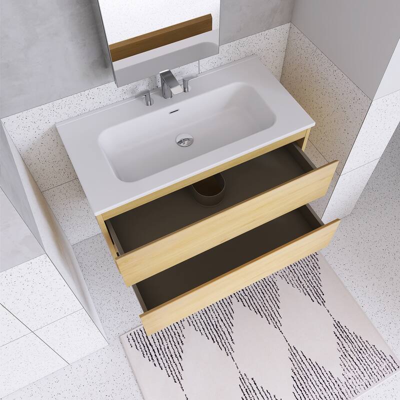 Floating Integrated Bathroom Vanity with Ceramic Sink, Three Faucet Holes