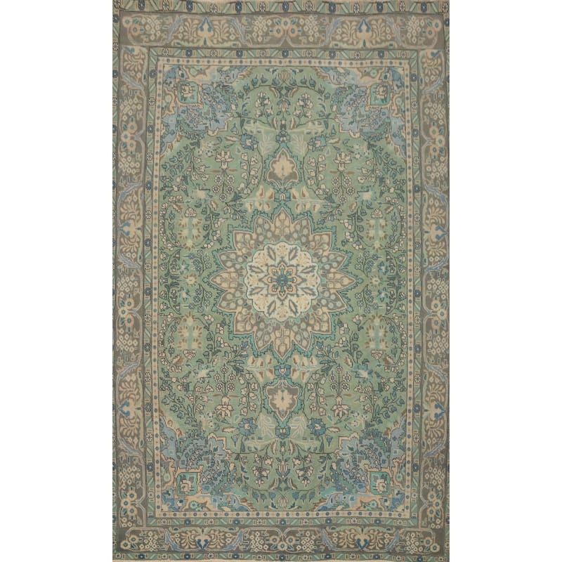 Hand Knotted Oriental 100% Wool Carpet Traditional Floral Green Tabriz Area Rug - 9' 8'' X 6' 7''