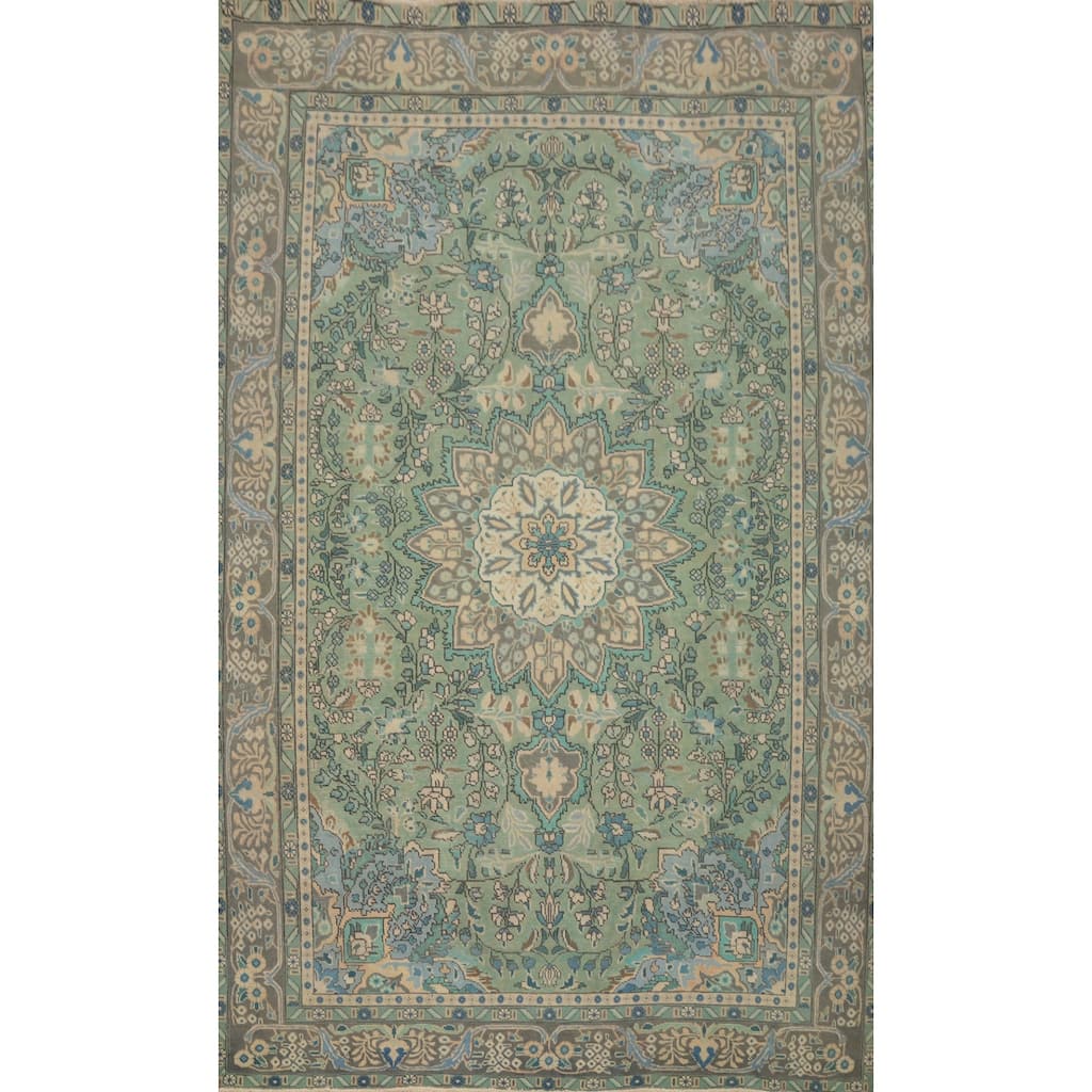 Hand Knotted Oriental 100% Wool Carpet Traditional Floral Green Tabriz Area Rug - 9' 8'' X 6' 7''