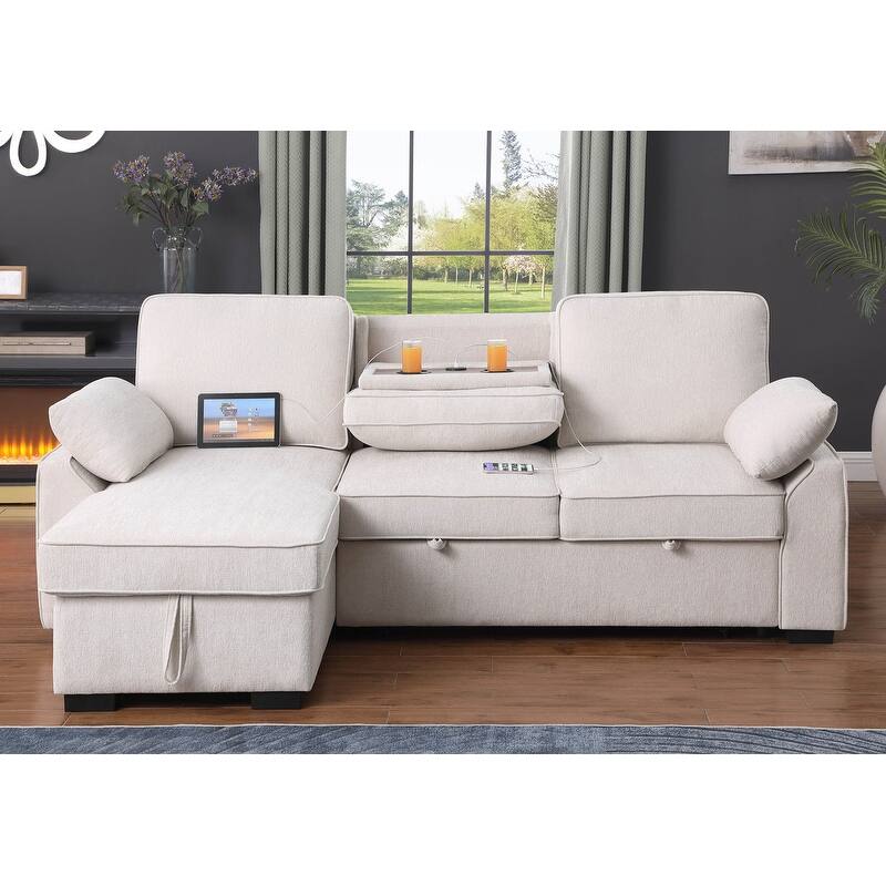 Mackenzie 91"W Chenille Fabric Reversible Sleeper Sectional with Storage Chaise, Drop-Down Table, Cup Holders & Charging Ports