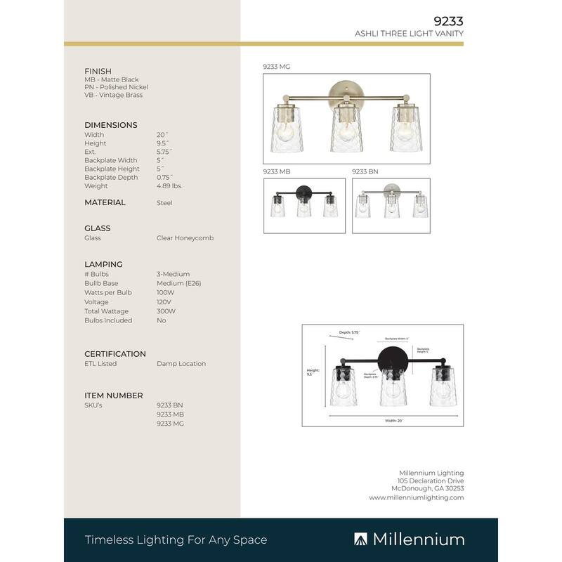 Millennium Lighting Ashli 2/4 Light Vanity Light with Clear Honeycomb Glass Shades
