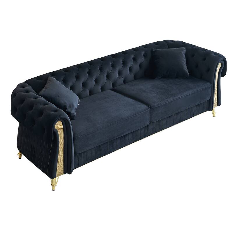 Oversized Chesterfield Tufted Sofa, Velvet Upholstered 3 Seater Sofa, Deep Seat Sofa with 2 Toss Pillows for Living Room