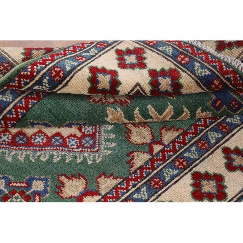 Green Geometric Kazak Foyer Rug Hand-Knotted Wool Carpet - 3'3" x 4'10"