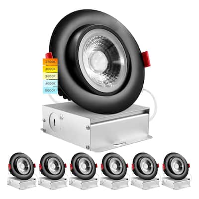 Luxrite 4 Inch Gimbal LED Recessed Light 11W=75W 5CCT Selectable 2700K-5000K 1000LM Dimmable Damp Rated Black 6 Pack