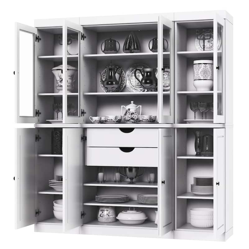 Palace Imports 100% Solid Wood Kitchen China Cabinet Pantry with Glass or Solid Wood Doors and 2-Drawer Kit - 65" x 71.5"