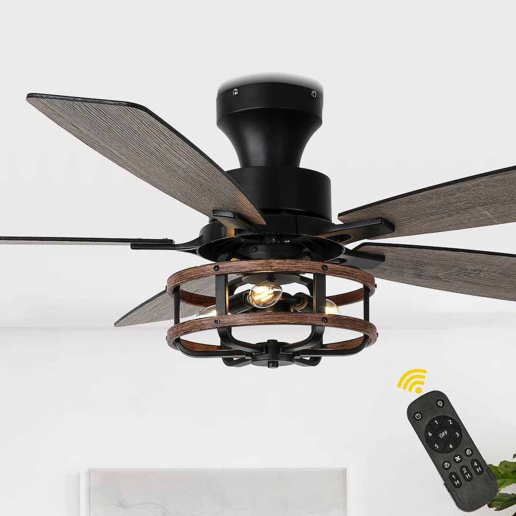 Bella Depot 52" Black Industrial Flush Mount Ceiling Fan with Light and Remote 6-speed Reversible DC Motor Low Profile Fan