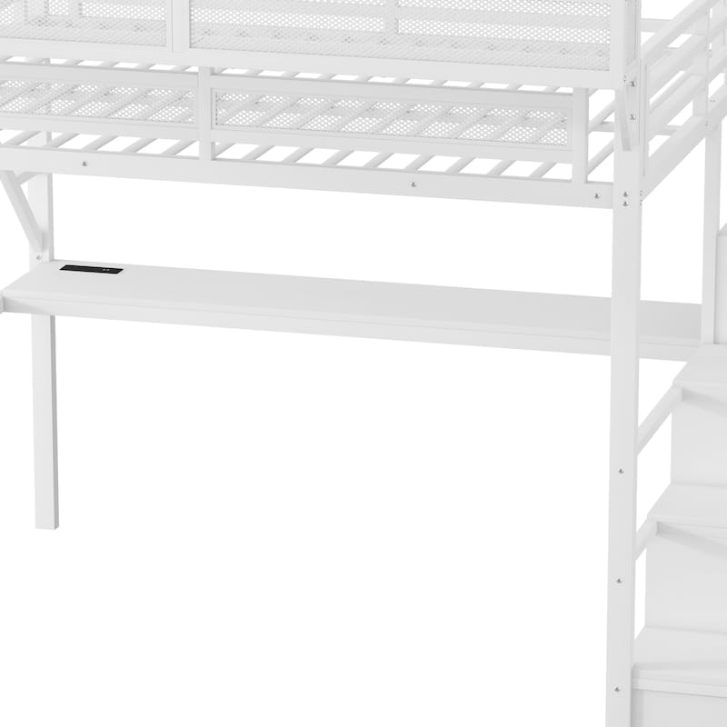 Queen Loft Bed with Desk and Charging Station, Queen Size Metal Loft Bed with Stairs and Light for Kids Teens
