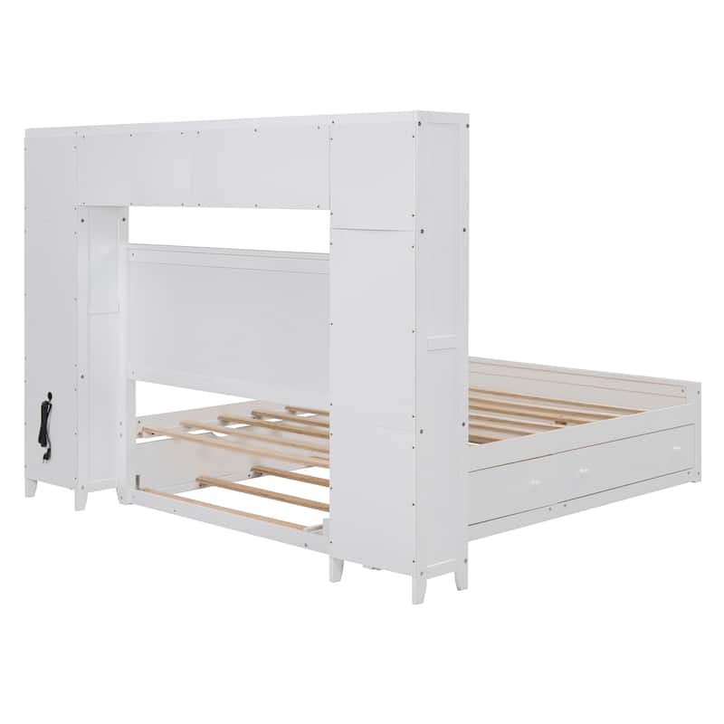 Full Size Wooden Bed with Built-in Cabinet, Shelf, Outlets, and Trundle in White