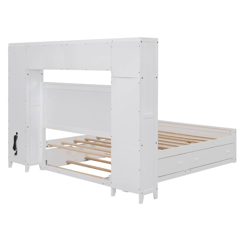 Wood Platform Bed with All-in-One Cabinet and Shelf, Slat Support Bed Frame, Storage Headboard with 10 Shelf Cubes & 4 Cabinets
