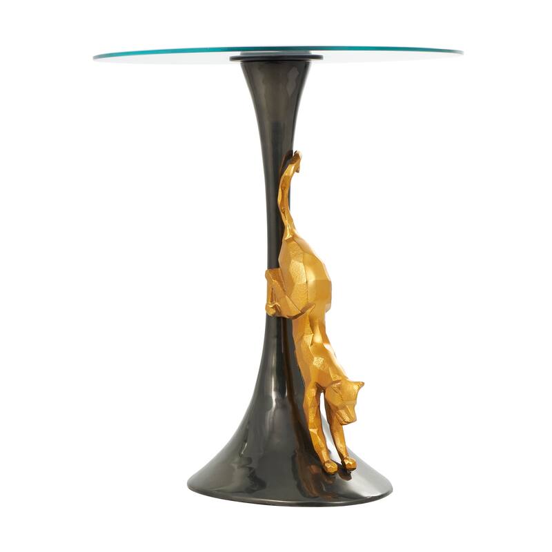 Aluminum Metal Leopard Accent Table with Gold Leopard Accent and Tempered Glass Top - Black - Roche River Decor