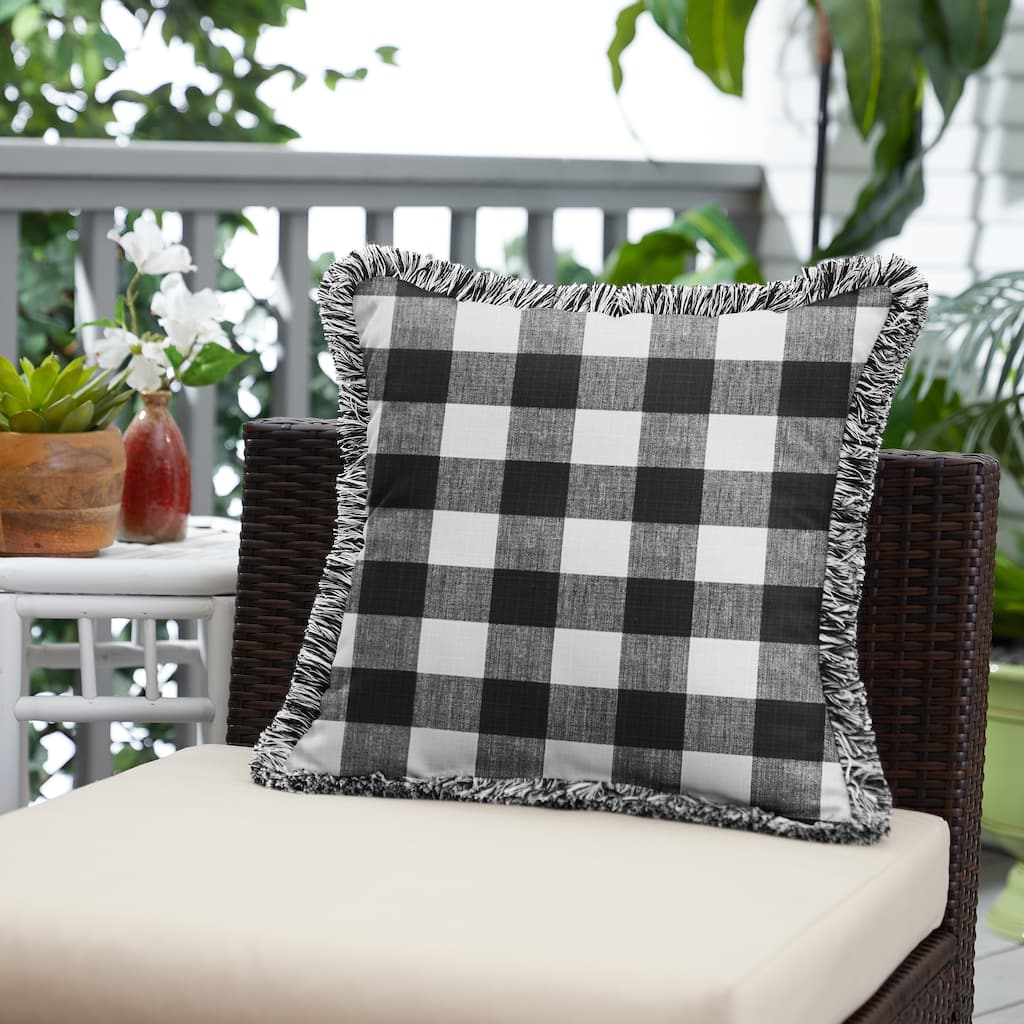 Black Plaid Indoor/Outdoor Square Pillow with Fringe - 18 in L x 18 in W