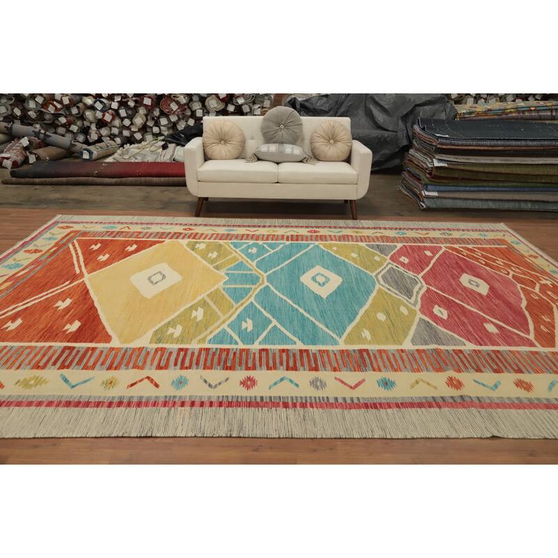 Hand Woven Oriental 100% Wool Carpet Southwestern Tribal Multi-Colored Kilim Area Rug - 13' 0'' X 9' 9''