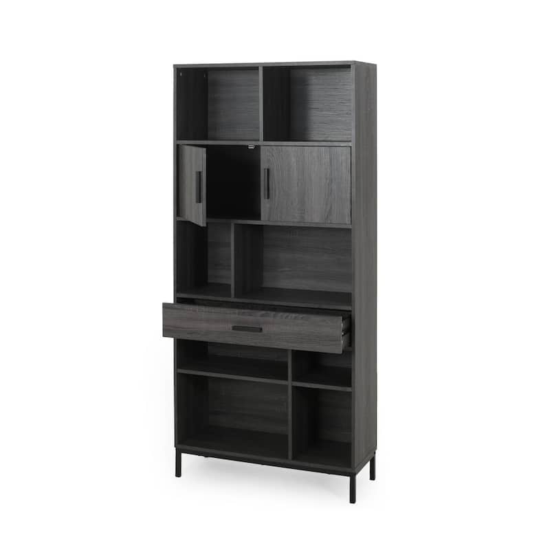 Eby Cube Bookcase, 6 Storage Spaces, Drawer, Cabinet 67 Inch Dark Gray