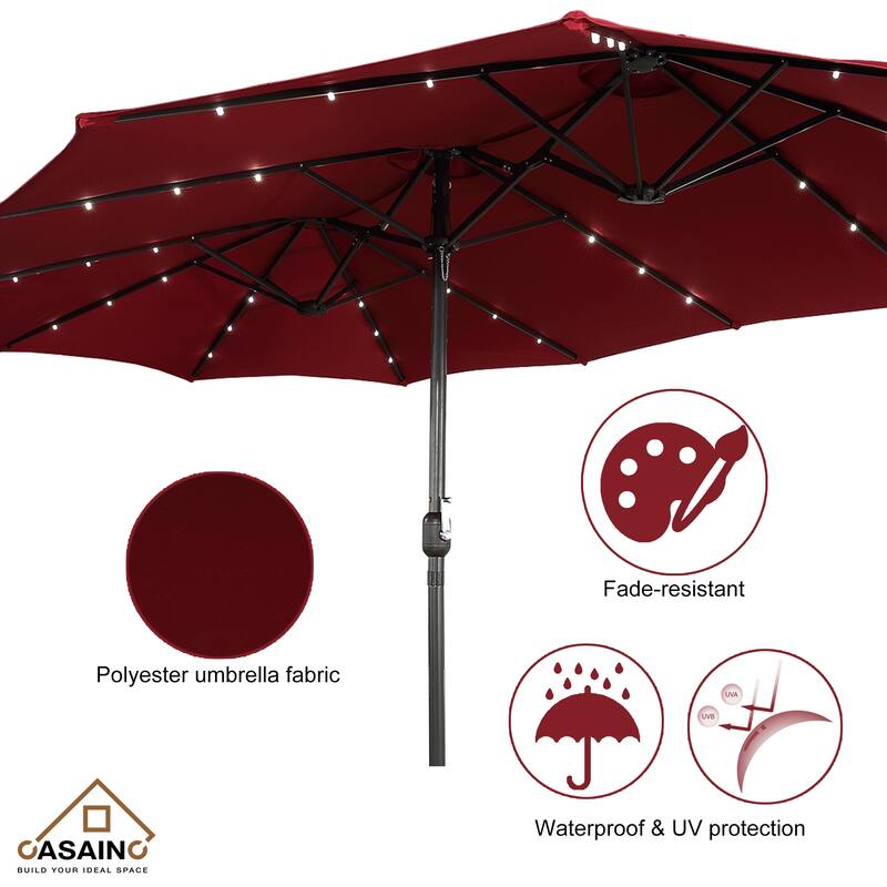 15-ft. Rectangular Crank Double-sided Outdoor Market Umbrella Solar LED Lighted Patio Umbrella with Base Included