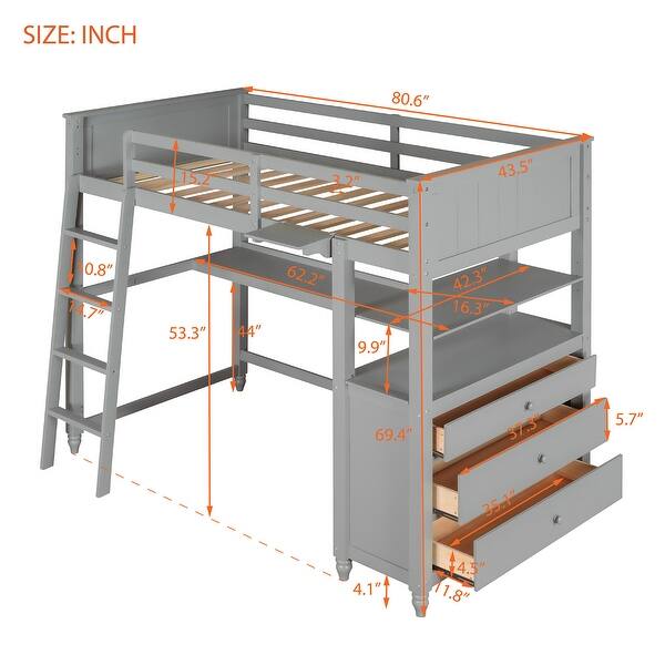 dimension image slide 2 of 3, Twin Loft Bed wDesk, Side Cabinet, Drawers, Shelves, Ladder, Guardrail
