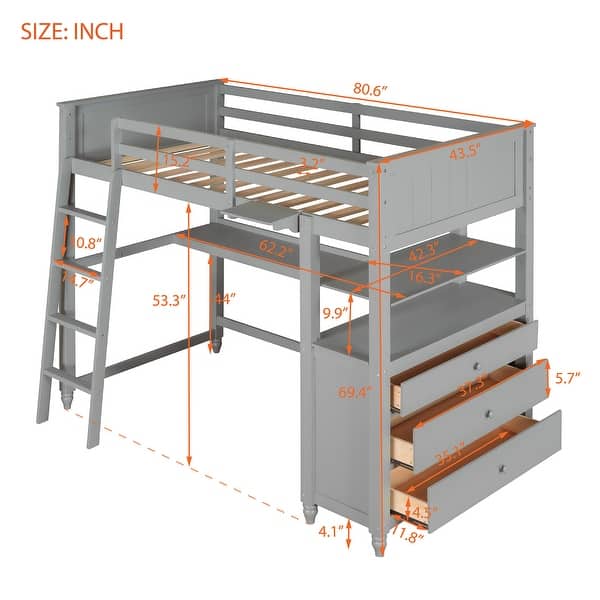 dimension image slide 1 of 3, Twin Wood Loft Bed with Desk, Drawers & Shelves - Space-Saving Design
