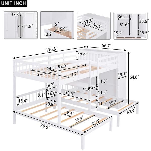 dimension image slide 2 of 3, Minimalist Design Full-Over-Twin-Twin Bunk Bed with 3 drawers,Shelves, Wardrobe and Mirror,Store Books,Display Decorations