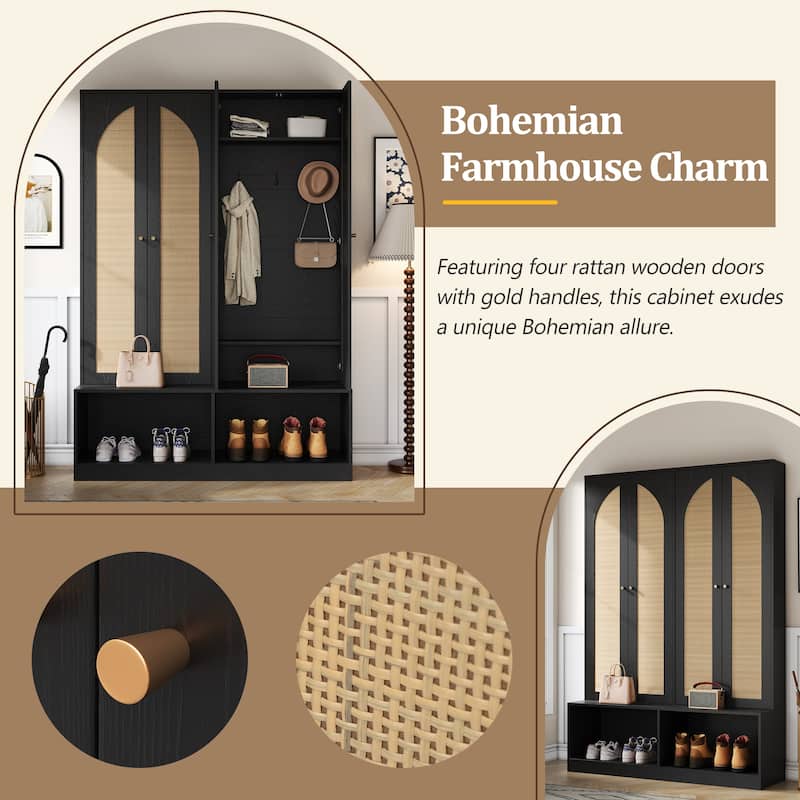 Farmhouse Hall Tree with 4 Rattan Doors, 6 Hooks & Bench, Mid-Century Entryway Organizer with Adjustable Shelves