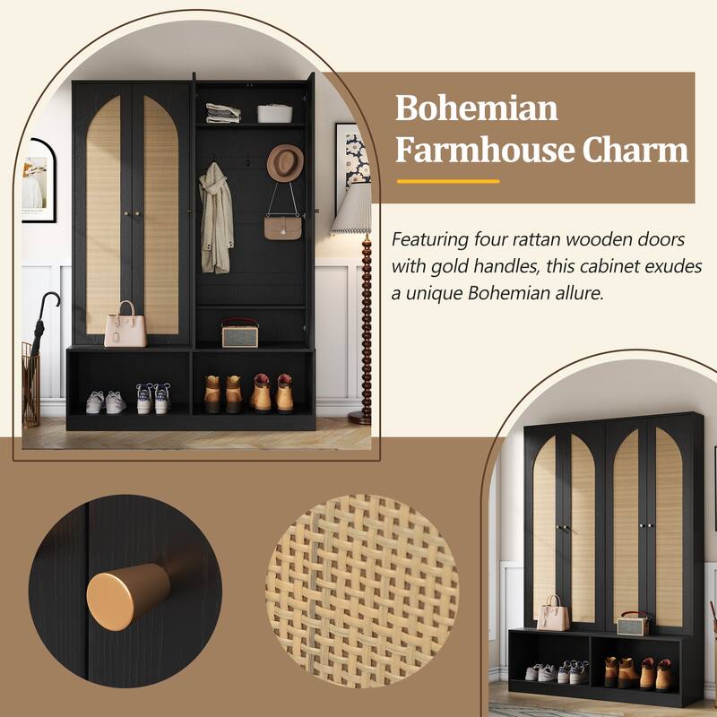Farmhouse Widen Hall Tree With 4 Rattan Doors, Versatile 4-In-1 Seating Bench With 6 Hooks,Shoe Cabinet With Adjustable Shelf