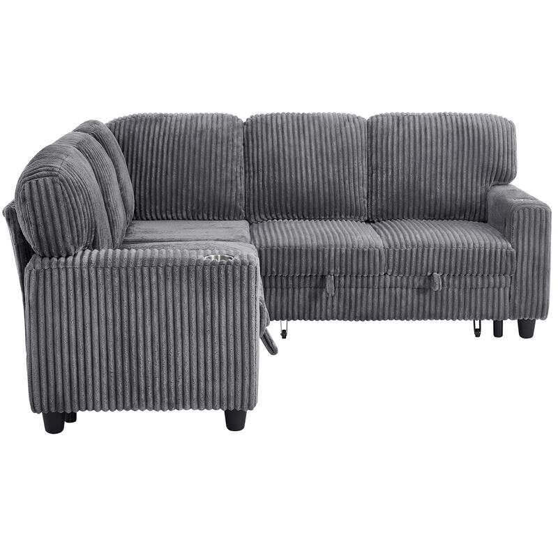 5-Seat Corduroy Storage Sectional Sofa Sleeper Couch with Pull-Out Bed