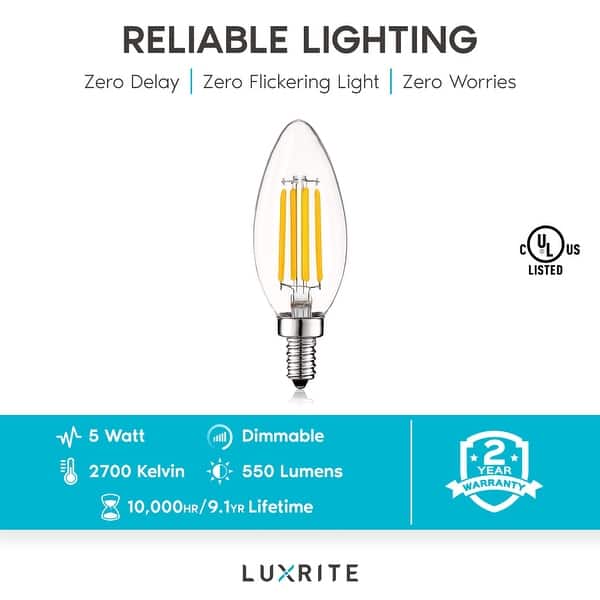 Shop Luxrite 5w Vintage Candelabra Led Bulbs Dimmable 550 Lumens 60w Equivalent Ul Listed E12 Base 16 Pack Overstock 31858894