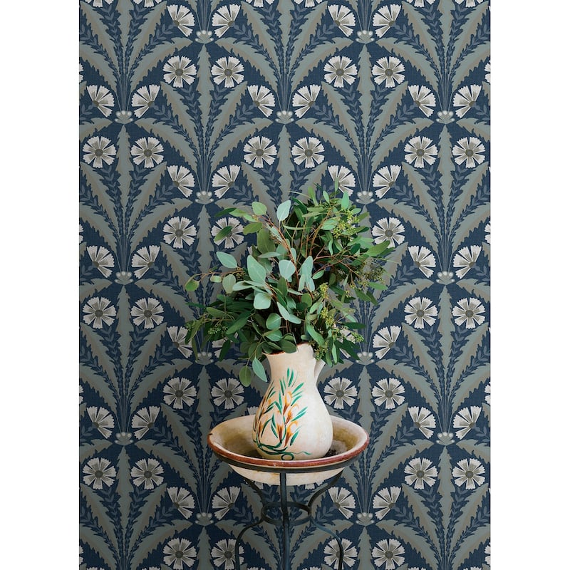 Chesapeake Tap Root Dark Blue Floral Damask Wallpaper
