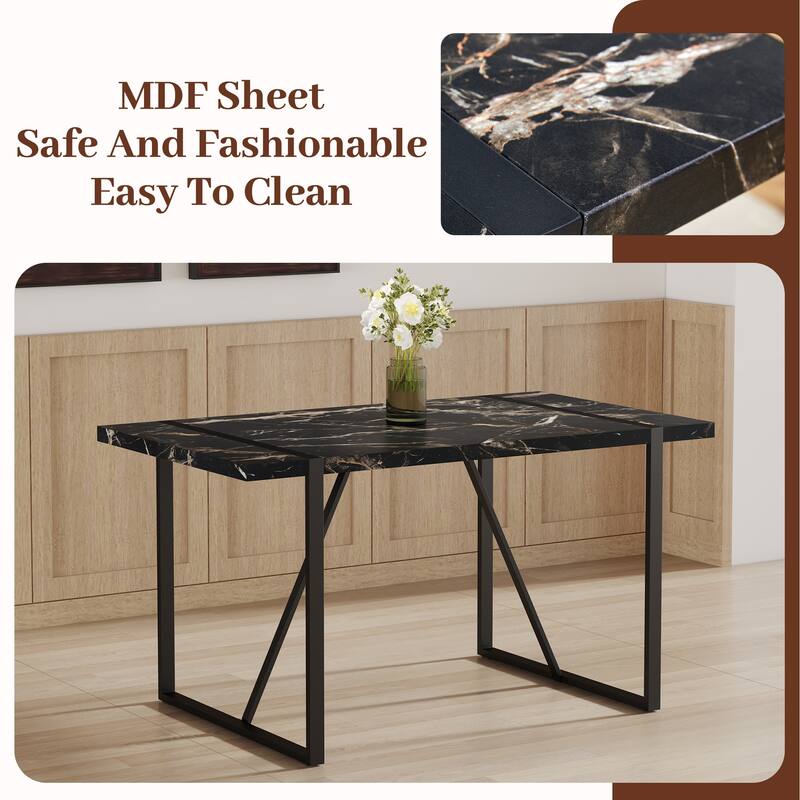 Table and chair set,Modern Marble Pattern MDF Dining Set - with 4 PU chairs with a vertical stripe design on the backrest