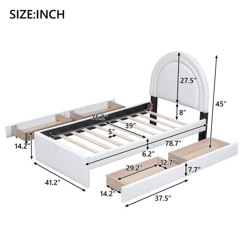 Teddy Upholstered Platform Bed with 4 Storage Drawers & Headboard, Wood