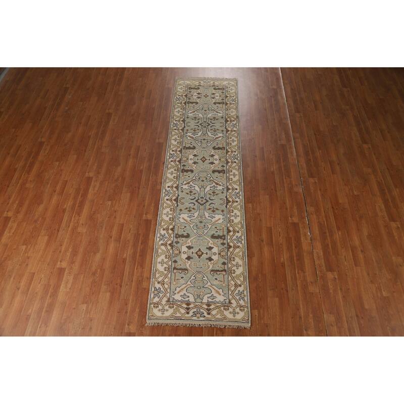 Green Oushak Oriental Runner Rug Handmade Floral Wool Carpet - 2'7"x 10'1"