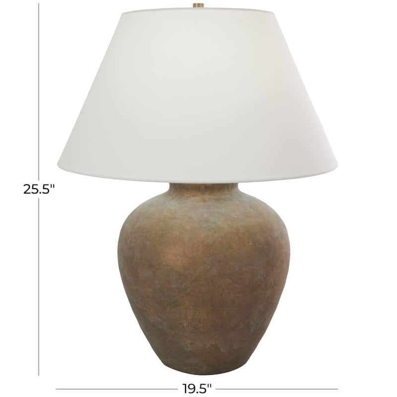 Ceramic Wide Rounded Distressed Antique Table Lamp with Cream Linen Shade - Black or Brown - Roche River Decor