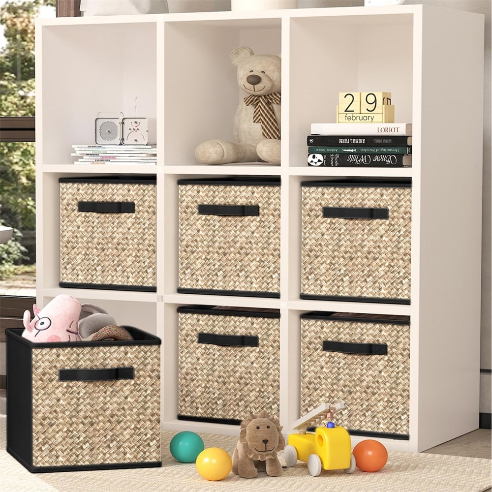 ANMINY Storage Bin with Removable Bamboo Lid Handles Canvas Basket Box  Stackable Lidded Closet Cabinet Shelf Cube Foldable Decorative Clothes Toys