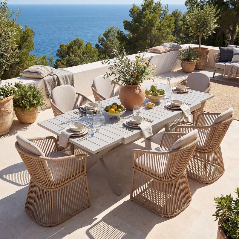 Expandable Aluminum Outdoor Dining Set with 6 PE Wicker Chairs