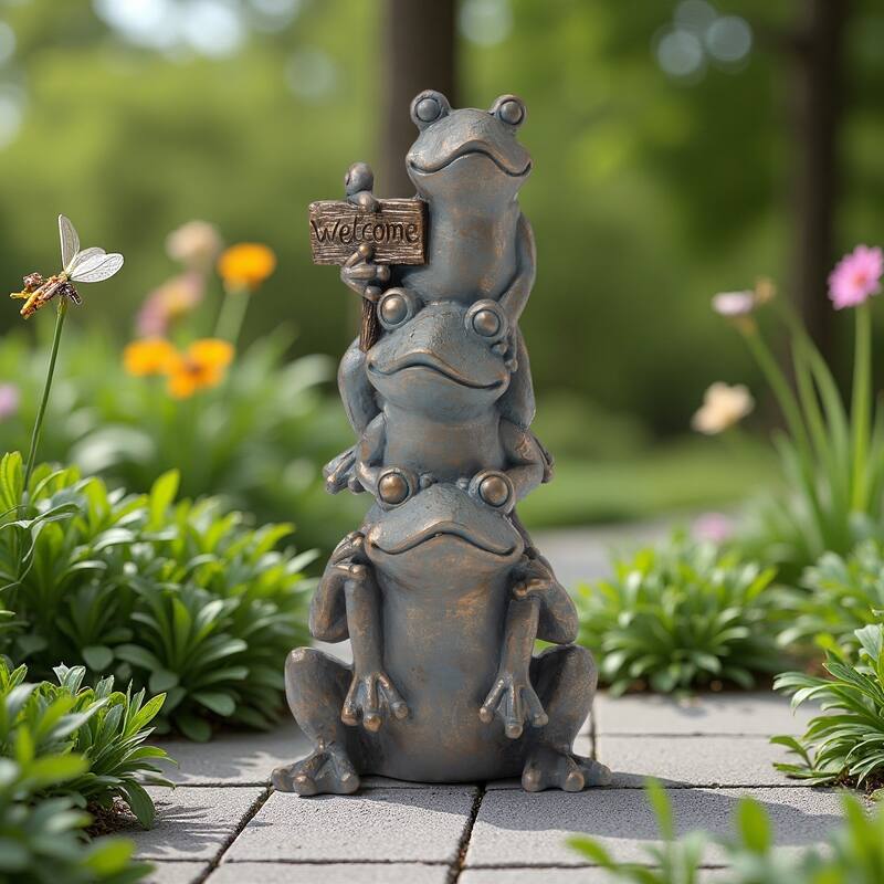 Glitzhome MGO Lucky Stacked Frogs Garden Statues with "Welcome" Sign Zen-style Sculpture