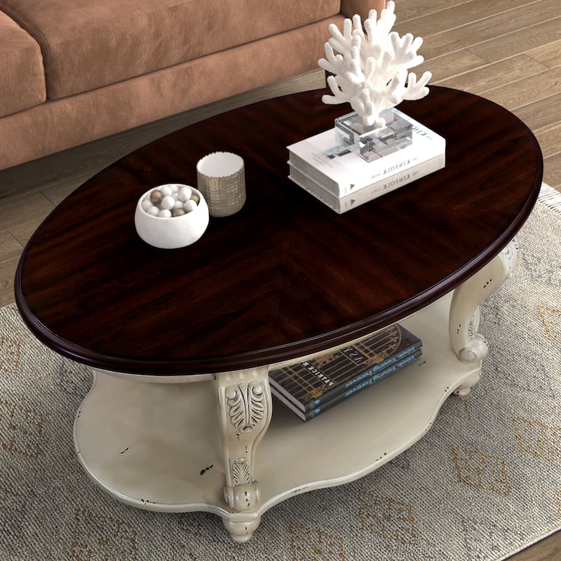 42" Oval Wood Coffee Table, 2 Tier Cocktail Table with Open Shelf - Beige