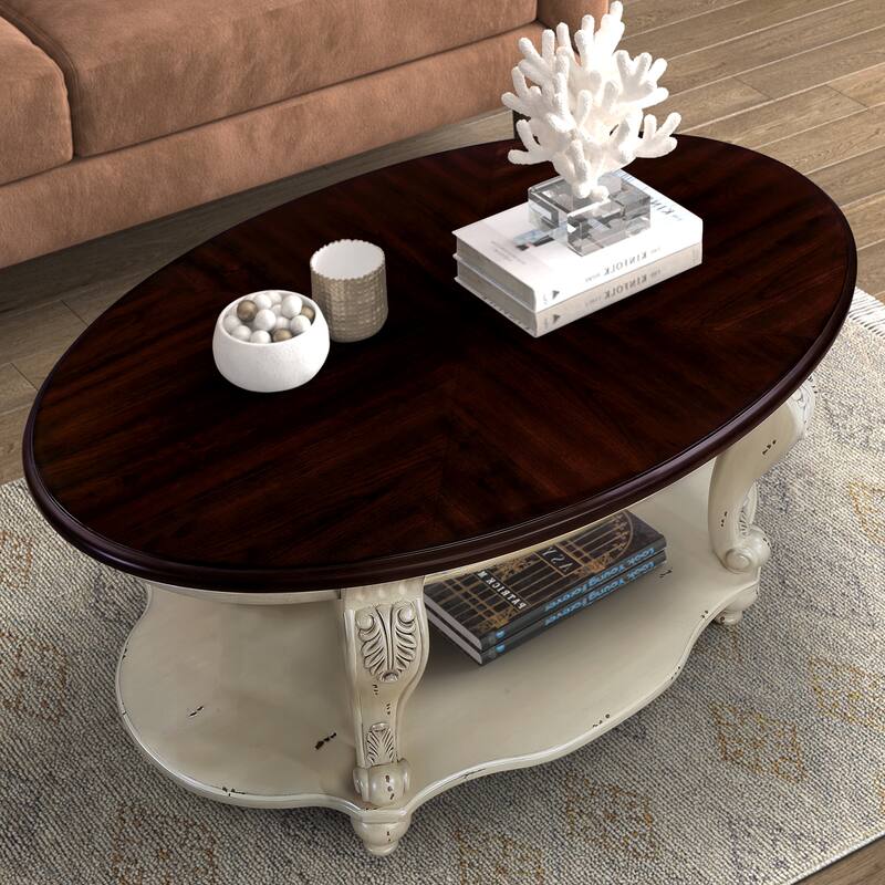 42" Oval Wood Coffee Table for Living Room,2-Tier Solid Wood Cocktail Table with Open Storage Shelf, Easy Assembly