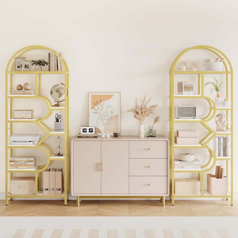 81.7 Inch Arched Bookshelf, Open Bookshelf with Storage Shelf, Geometric Bookcase Display Racks Tall Standing