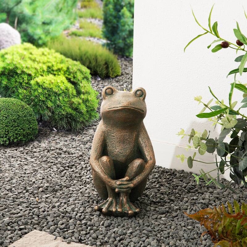 Glitzhome 12''H Resin Bronze Squatting Sitting Frog Statue